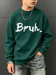 Boys' Slogan Minimalist Crew Neck Long Sleeve Sweatshirt, Casual Fashion, Suitable For Autumn/Winter Outdoor Wear - Dark Green - View 1