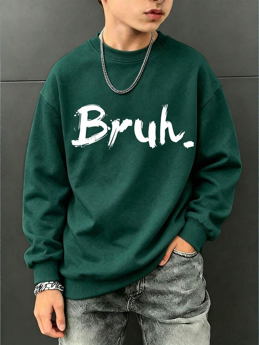 Boys' Slogan Minimalist Crew Neck Long Sleeve Sweatshirt, Casual Fashion, Suitable For Autumn/Winter Outdoor Wear - Dark Green - View 1