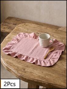 1pc Light Pink Solid Color Ruffle Edge Placemat, Soft And Fresh Style, Fabric Material, Square Shape With Ruffle Edge Detail, Stain-Resistant Protection For Tabletop And Decorative Enhancement, Suitable For Daily Home And Cozy Dining Table Setting - Pink - View 14