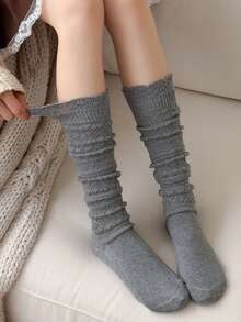 1 Pair Hollow Layered Leg Warmers, Knitted Mid-Calf Socks, Sweet Versatile White, Suitable For Autumn/Winter - Multicolor - View 6