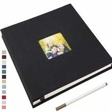 1 pieza Álbum autoadhesivo de 28x27cm con ventana, 40 páginas de scrapbook de lino de doble cara + bolígrafos metálicos, adecuado para álbum conmemorativo de aniversario, boda y regalos familiares, cumpleaños y graduación - negro - Ver 1