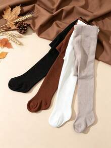 4雙純色百搭女嬰校服褲襪，復古校園風，適合秋冬日常穿著，適用於日常使用 - 彩色 - 查看 3