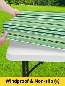 3 Pieces Picnic Tablecloth Set With Bench Cover, Elastic Edge Design, Striped Pattern, Washable Rectangular Tablecloth, Suitable For Weddings, Camping, Picnics, Garden Parties And More, Practical Essential - C - View 6