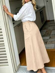 Women's Elegant Casual Solid Color Pocket Front Slit Minimalist Everyday Skirt - Apricot - View 4