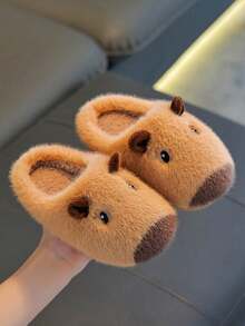 1 Pair Kids Fuzzy Slippers Winter Capybara Design, Suitable For Boys And Girls, New Cute Full-Cover Baby Plush House Shoes - Khaki - View 7