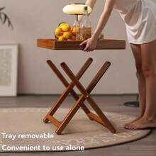 Foldable Bamboo Sofa Side Table, X-Leg Portable Side Table With Detachable Snack Tray Desktop, Space-Saving Folding Coffee Table, Suitable For Small Spaces, Can Hold Drinks, Snacks And Laptop, Practical Home Decor, Suitable For Living Room, Bedroom, Balcony And Bedside Use - Multicolor - View 7