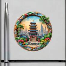 韓國五層塔與遠方塔樓的日落風景葉框磁鐵，黃昏將城市染成暖金色，適合家中所有金屬表面的紀念品 - D - 查看 3