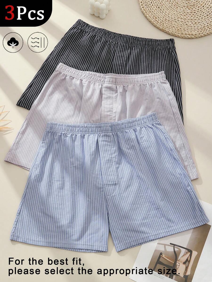 HIALEGION 3pcs/Pack Men's Long Leg Boxer Briefs, Comfortable Aloe Vera Striped Loose Fit Underwear, Fashionable Daily Wear Boxer Shorts For Young Men - Multicolor - View 1