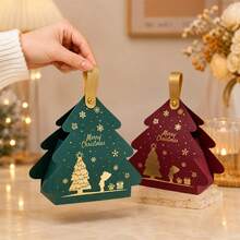 34/68/106pcs Christmas Tree Shaped Gift Boxes, Gold Foil Stamping, Burgundy And Green Paper Boxes, Deer Pattern, Suitable For Holiday Decoration, Party Tabletop Decoration, Table Centerpiece Decoration, Includes Christmas Stickers - Multicolor - View 2