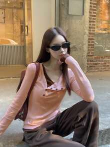 Women's New Stunning Pink Long Sleeve T-Shirt, 2 In 1 Knit Slim Fit Inner Layer Top - Pink - View 4