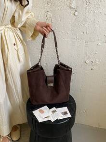 秋冬款鏈條肩帶大容量通勤單肩包 - 咖啡 - 查看 2
