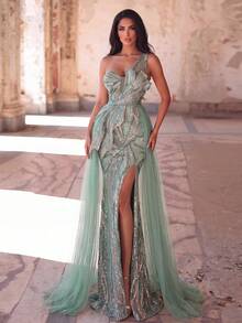 Premium Luxury Crystal Beaded Sequin One-Shoulder Evening Gown, High Slit Streamlined Tulle Overlay, Suitable For Red Carpet, Evening Party, Gala - Green - View 6