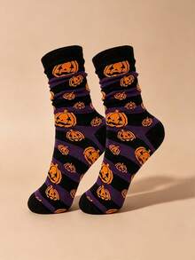 4 Pairs Halloween Themed Mid-Calf Socks, Pumpkin, Skeleton, Ghost, Skull, Black Cat Student Socks, Casual Mid-Calf Socks, Unisex For Party And Daily Wear - Black - View 5