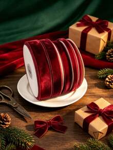 2/5/10/25 Yards Burgundy Velvet Ribbon Christmas Tree, Multiple Sizes 1 Inch | Velvet Christmas Ribbon For Gift Wrapping, Bows, Wreaths, Holiday Crafts (2/5 Yards No Spool, 10/25 Yards With Spool For Easy Storage) - Flocked Ribbon - View 5