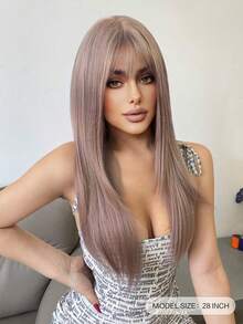 alicegarden 28-Inch Long Synthetic Wig Featuring A Natural Straight Style A Stunning Dusty Pink. Designed With Bangs , This False Hairpiece Is Perfect For Ms Daily Party Cosplay Use, Offering A Natural And Natural Durable Wig Gift For Ladies. - Dusty Pink - View 4