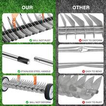 FUSHITON Thatch Rake 15 Inch With Wheels For Lawn Dethatching | Heavy-Duty Metal,Adjustable Long Handle,For Soil Loosening & Leaf Gathering - A - View 8