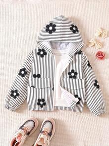 Girls' Casual Fashion Striped & Floral Print Faux Pocket Design Hooded Long Sleeve Zip-Up Jacket, Short Lightweight Jacket For Spring & Autumn - Black and White - View 3