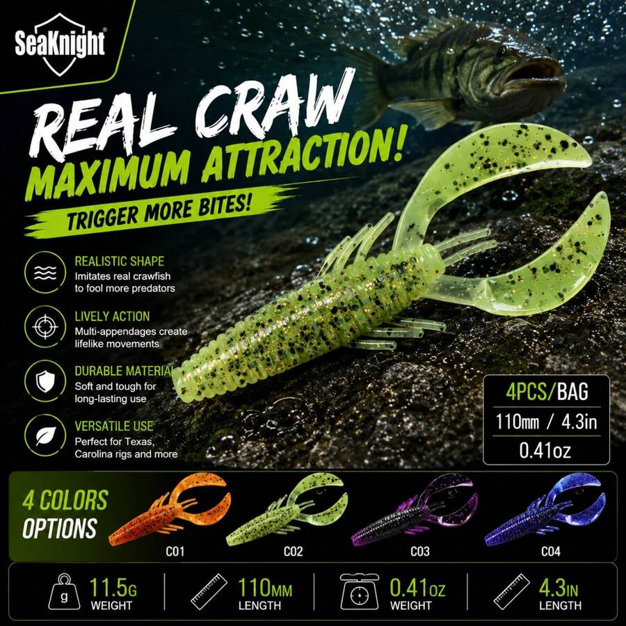 Seaknight Craw Soft Bait, Realistic Silicone Crawfish Fishing Lure, Durable And Flexible, With Realistic Swimming Action, Suitable For Freshwater Bass And Trout Fishing, Compatible With Texas Rig And Carolina Rig - Multicolor - View 1