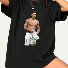 Jude Bellingham Minimal Portrait Casual Short Sleeve Tee, Soft Breathable Daily Top For  Football Fanssommer Outfit - 黑色 - 查看 1