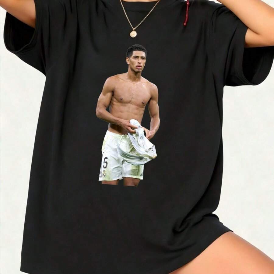 Jude Bellingham Minimal Portrait Casual Short Sleeve Tee, Soft Breathable Daily Top For Football Fanssommer Outfit - 黑色 - 查看 1