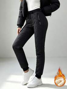 1 Pair Fleece Lined Drawstring Waist Straight Leg Pants With Zipper Pockets, Cuffed Hem, Winter Warm Casual Long Pants, Suitable For Running, Outdoor, Gym - Black - View 6
