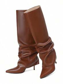 Stylish Women's Slouchy Knee High Boots Point Toe Stilettos Thin High Heels Ruched Design Wide Calf Shark Fold Over Boots Pull On Dress Party Shoes - 棕色 - 查看 7