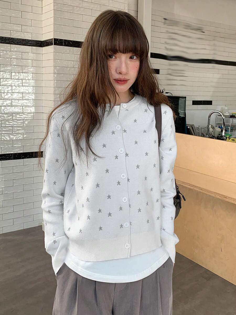 Women's Pentagram Pattern Long Sleeve Single-Breasted Casual Knit Cardigan