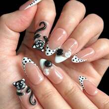 10pcs Almond Shaped Handmade Press-On Nails, White French Tip, Polka Dot, 3D Cat, Button Decor, Minimalist Cute Acrylic Fake Nails, Suitable For Girls And Women Daily, Vacation, School, Date And Other Occasions, Includes Jelly Glue And Nail File - Black and White - View 2