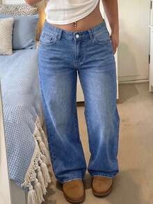GILIPUR New Y2K Women's Jeans, Low Waist Blue Vintage Loose Straight Leg Pants, Casual Versatile Bottoms, Street Style - Blue - View 4
