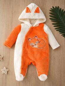 Baby Boys Autumn/Winter Fox Hooded Footed Romper, Flannel Contrast Color Cartoon Embroidery Baby Crawler - Orange - View 2