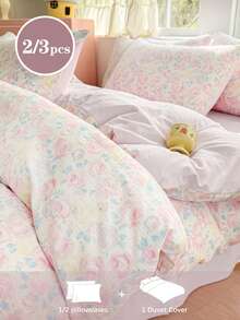 2/3pcs Romantic Floral Print, Pink & Purple Rose Pattern, Pleated Texture, Super Soft, Sweet & Cute, Back To School Season, Washed Duvet Cover & Pillowcase Set, Spring/Summer Style, Available For Double, Queen, King Size Beds - Multicolor - View 1