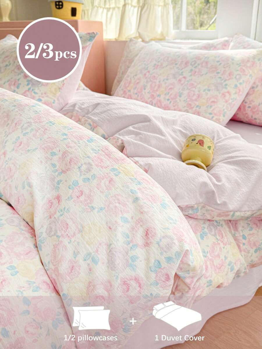 2/3pcs Romantic Floral Print, Pink & Purple Rose Pattern, Pleated Texture, Super Soft, Sweet & Cute, Back To School Season, Washed Duvet Cover & Pillowcase Set, Spring/Summer Style, Available For Double, Queen, King Size Beds - Multicolor - View 1