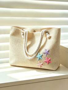 Vacation Style Relaxed Fashion Woven Tote Bag, Starfish Hanging Decoration Design, Large Capacity Simple And Atmospheric Texture Shoulder Bag. - Beige - View 7