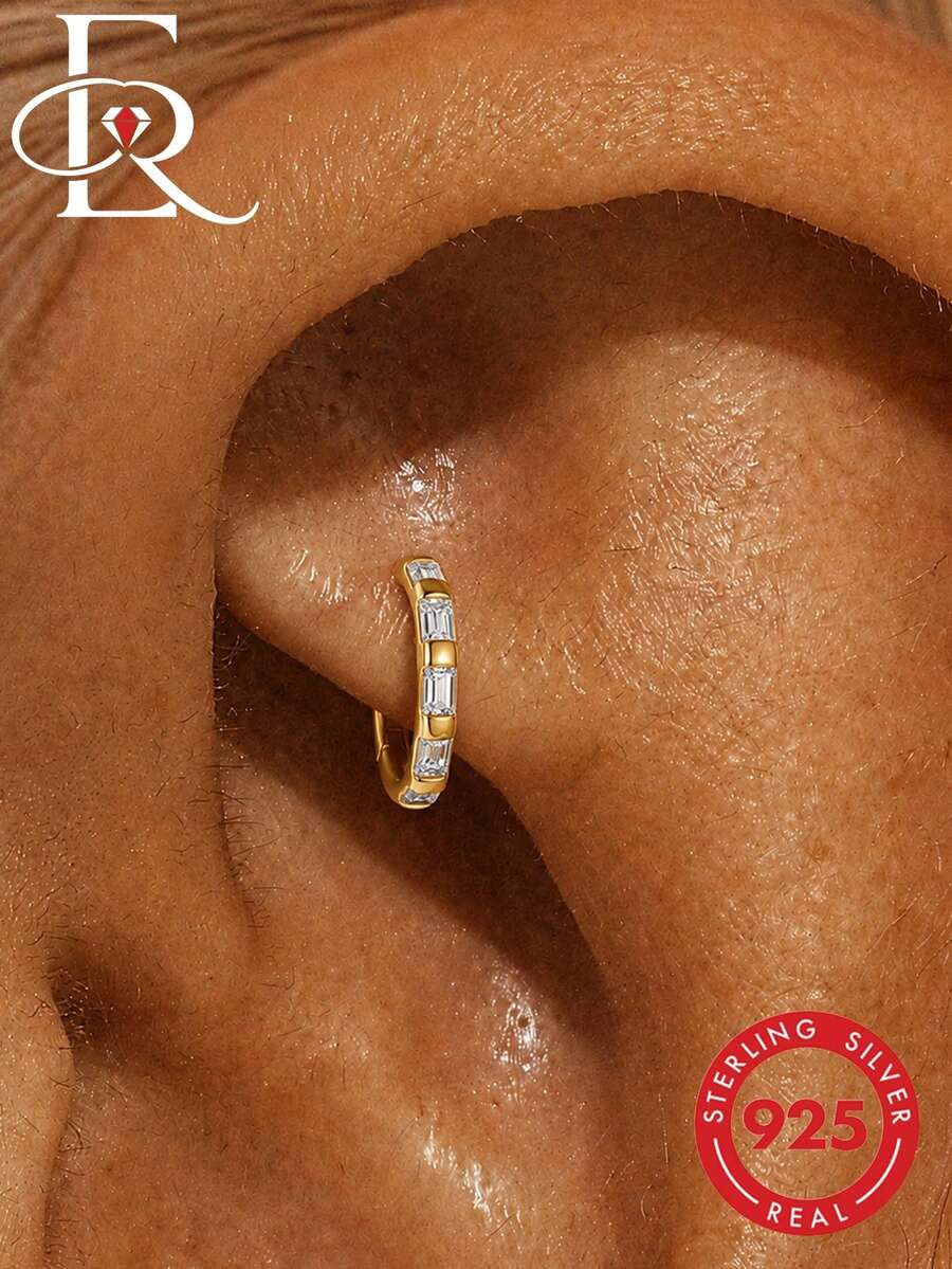 EleRunis 1件 925純銀經典立方鋯石 Rook Conch 耳環 18K鍍金上耳軟骨 Helix 耳釘 女款 日常佩戴 派對適用