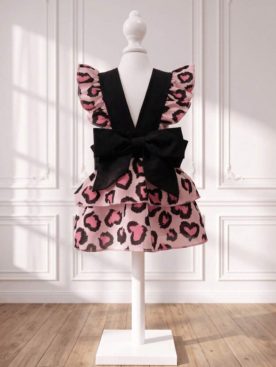 LUCKIE PAW 1pc Heart Leopard Print Ribbon Bow Flutter Sleeve Colorblock Cute Princess Style Tulle Dress For Chihuahua Small Dogs, Wedding Dog Outfit Pet Dress Suitable For Cats And Dogs Indoor And Outdoor - Black - View 1