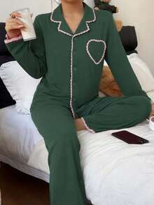 French Pink Lace Trim Patchwork Loungewear Set, Heart Pocket Design, Loose Comfortable Long Sleeve Long Pants Pajamas - Green - View 2