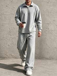 HEYKESON Men's Half-Zip Polo Collar Sweatshirt & Wide Leg Sweatpants 2 Pieces Set - Light Grey - View 5