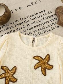 Girls' Casual Fashion Starfish Print Petal Sleeve Round Neck Long Sleeve Top And Straight Leg Pants 2 Pieces Set, Spring/Autumn - Apricot - View 3