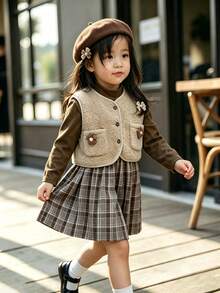 A Two Pieces Casual Style Girls' Vest And Dress Set In Plaid Fabric, Suitable For Outdoor Wear In Autumn And Winter. - Mocha Brown - View 2