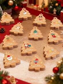 96pcs Vintage Christmas Tree Shaped Slogan Pattern Gift Tags With Rope, Santa Claus And Snowman Pattern Paper Gift Decoration Labels, Suitable For Christmas Party Gifts, Christmas - Christmas Tree Shape - View 3