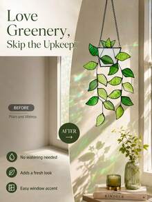 Green Plant Window Suncatcher, Colorful Glass Window Hanging Decor, Handmade Faux Plant Stained Glass Panel Suncatcher, Suitable For Plant Lovers, Unique Home Decor - Multiple Styles - View 3