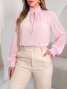 ANCHOSE Blus Chiffon Wanita Warna Pink Muda Musim Gugur, Atasan Komuter Elegan dengan Ruffle dan Tali Leher, Lengan Panjang Mengembang dan Lipit - Berwarna merah muda - View 3