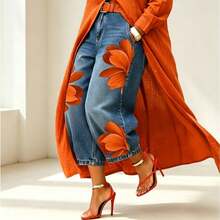 Pantalones vaqueros de moda para mujer, cintura alta, estampado de flores rojas, pierna ancha holgada - Naranja - Ver 8