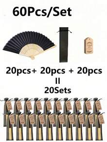 3-60pcs Black Bamboo Folding Hand Fan Set With Organza Gift Bags And Thank You Tags, Wedding Guest Hand Fans, Wedding Guest Favors, Gothic Wedding Favors, Halloween Party Favors, Bridal Shower Gifts, Autumn Wedding And Masquerade Party Decor - Black - View 10