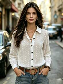 Women's Floral Embroidered Semi-Sheer Collared Top, Long Sleeve Front-Button Polyester Blouse, Perfect For Bohemian-Style Fall Outfits - White - View 2