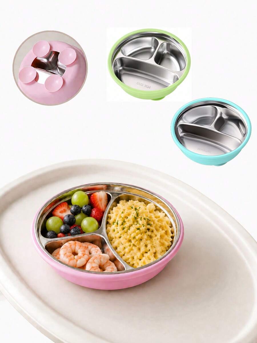Piring Berbagi dengan Perekat Hisap untuk Bayi, Terbuat dari Baja Tahan Karat 304 dengan Alas Silikon, Anti Selip dan Stabil, Cocok untuk Makan Sendiri dan Makanan Pendamping, Anti Terbalik. - MultiWarna - View 1