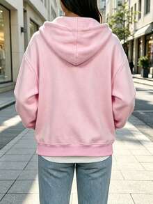 Plus Size Women's Zip-Up Sweatshirt With Drawstring And Pockets Casual - Baby Pink - View 5