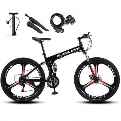 Esluve マウンテンバイク 26インチ 21段変速 折りたたみ自転車 ディスクブレーキ クロスバイク 泥よけ、空気入れ、ワイヤ錠のプレゼント付き 超高炭素鋼フレーム