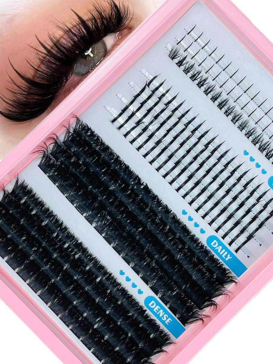 LIMEIKAI 120D-150D 3D Thick Fluffy Faux Mink Eyelash Clusters 10-18mm, Includes 5mm/6mm/7mm Lower Lash DIY Cluster Lash Tray, Multi-Layer Dense Russian Volume Lash Extensions DIY Single Clusters