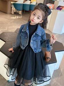 Girls Cute Fashion Denim Jacket & Dress Set, Casual Denim Outfit For Spring And Autumn - Medium Wash - View 6